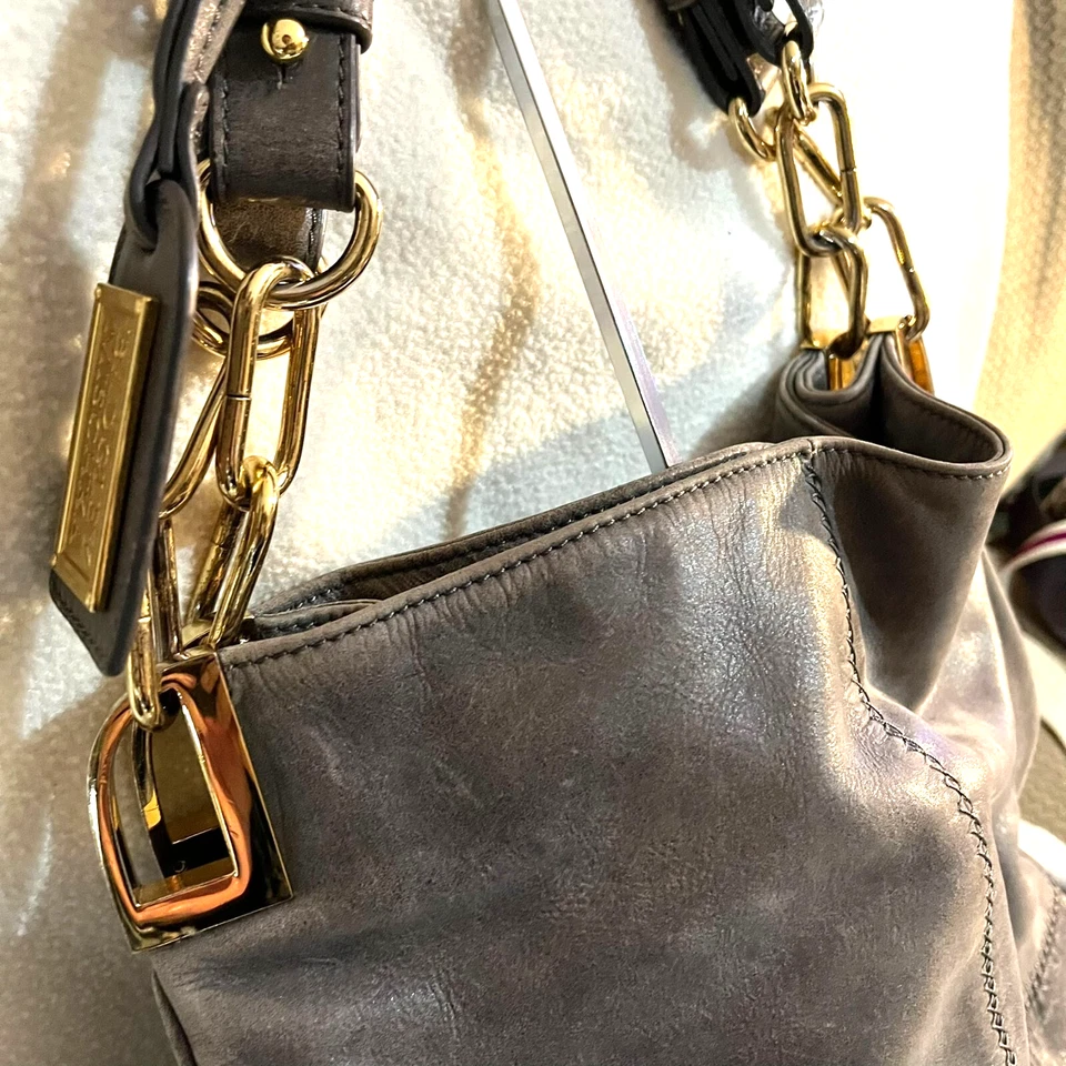 BADGLEY MISCHKA Hobo Brown Leather Gold Plate Metal Grey Handbag - Image 4 of 4