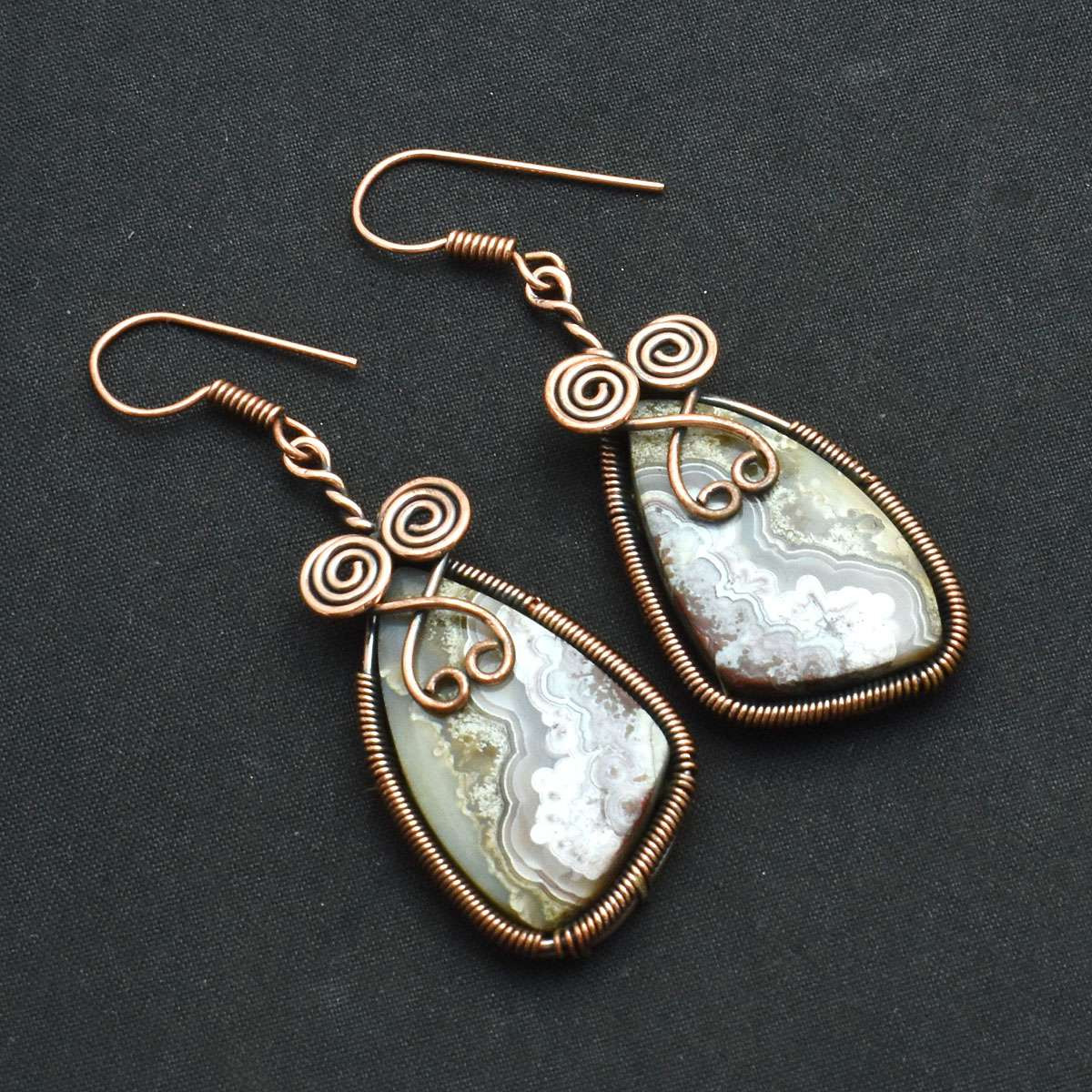 Crazy Lace Agate Copper Wire Drop Earrings 2.16 Inch Boho Jewelry AE-4986