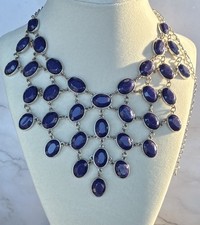 Blue Silver Statement Bib Necklace Oval Pendant Fashion Jewelry