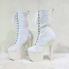 1040 Opal White Hologram Sequin Glitter 7" Heel Platform Mid Calf Ankle Boots
