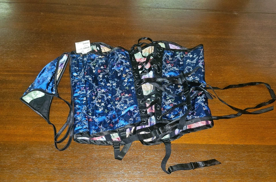 Corsé Fredericks of Hollywood Vintage Zafiro Azul Con Cordones Con Cuerda G NUEVO CON ETIQUETAS RARO Foto 4 de 4