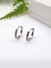 All Around Huggie Hoop Earrings Sterling Silver 925 Multicolor CZ 13mm/10mm x1.7