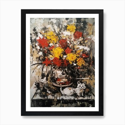 Chrysanthemen mit Katze 2 Abstrac gerahmtes Wandbild Poster Leinwanddruck Bild