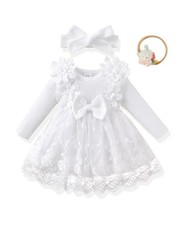 Baby Girl Flower Dress Fall Winter, Tutu Tulle Princess 6-12 Months White
