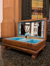 This vintage REUGE Swiss ballerina music box features a wooden inlaid case with 