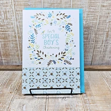 Dayspring Christening Greeting Card 6x8 Special Boy Blue Gold Glitter Religious