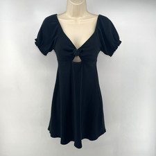 American Eagle Babydoll Mini Dress M Ribbed Milkmaid Cut Out Black Puff Sleeves
