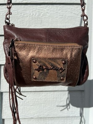 B. Makowsky Leather Crossbody Bag Brown Bronze Metallic Front Pocket Tassel