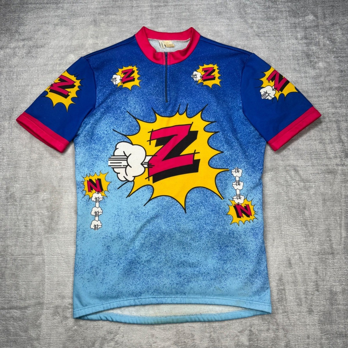 80's 90's 靴　Tシャツ　グラフィック　アート　シティーボーイ Vintage Cycling Jersey Mens Large Blue Peugeot Italian 80s Comic