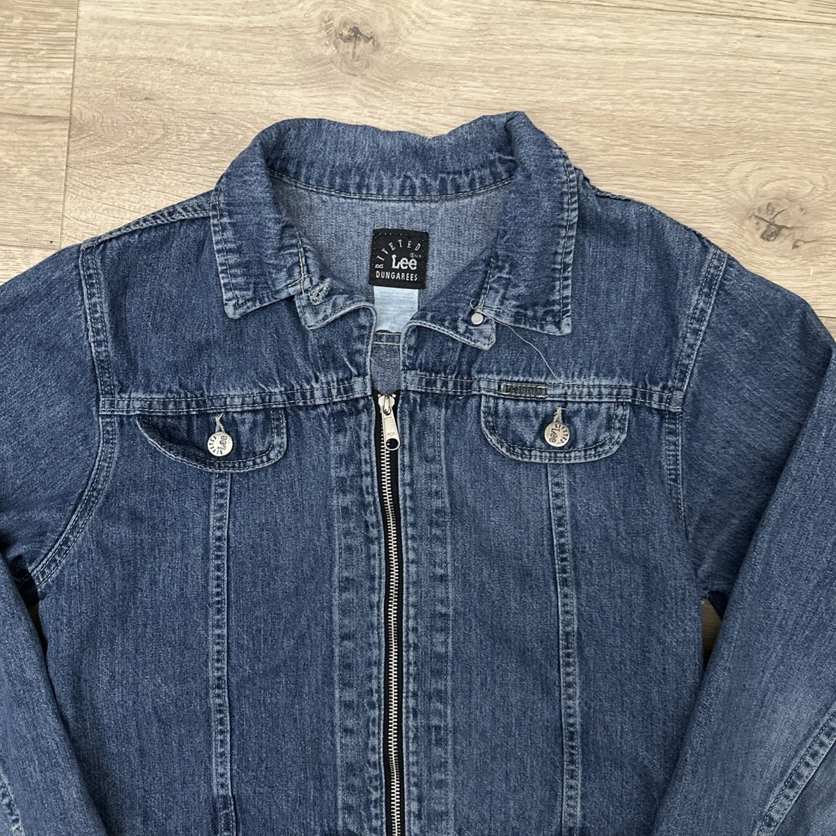 Vintage Lee Riveted Dungarees Denim Jean Jacket Zipper Size M 90s