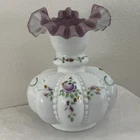 VTG Fenton Beaded Melon Vase Shelley Fenton Line White Cased Violet Hand Painted