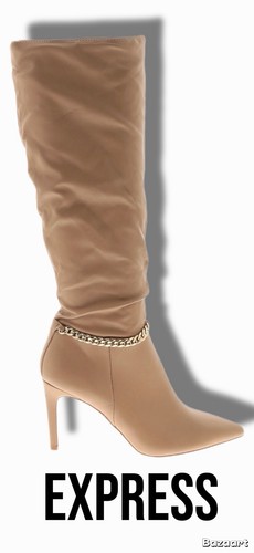 Express Beige Knee High Slouch Boots Chain Accent Stiletto Pointed Toe