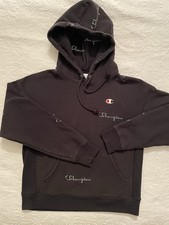 Champion hoodie Reverse Weave Womens Large black with all over logo pullover