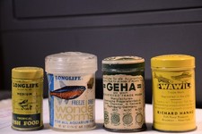 FOUR! RARE VINTAGE TROPICAL FISH FOOD CONTAINER TINS 2.5" BEAUTIES! SALE+SHIPPED
