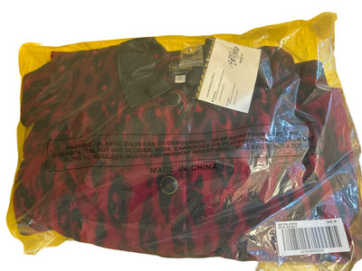 Bob Mackie Red Black Leopard Animal Print Leather Collar Jacket Womens M NWT