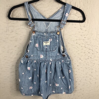 Vintage OshKosh B'Gosh Overall Dress Girls 5T Toddler Blue Pink Floral Denim