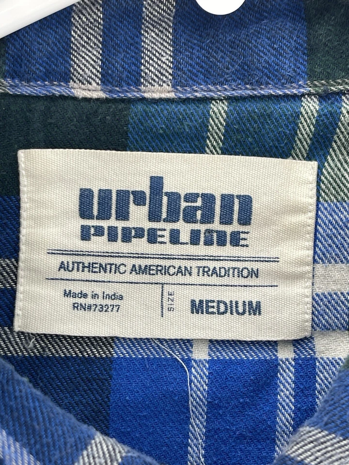 Camisa masculina Urban Pipeline vintage flanela botão manga longa média azul xadrez - Imagem 3 de 4
