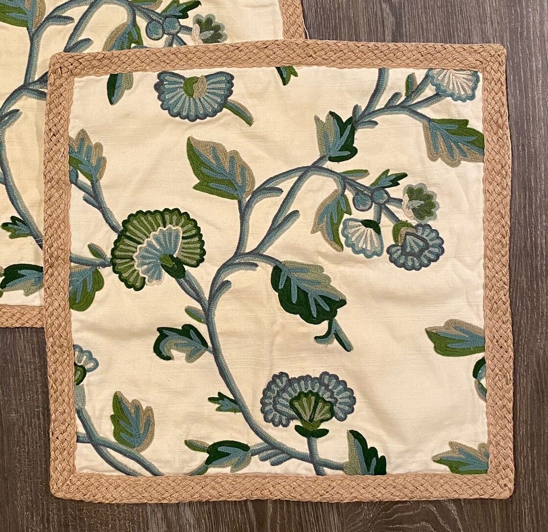 POTTERY BARN Anese Crewel Floral Pillow Cover(s) 20"x20" Blue Green