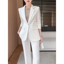 White Suit Coat Womens Spring  New Leisure Wide Leg Pants Formal Suit Dress 2pcs