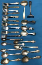22 Pc BABY FORKS SPOONS FOOD PUSHERS Antique to Vintage Silverplated