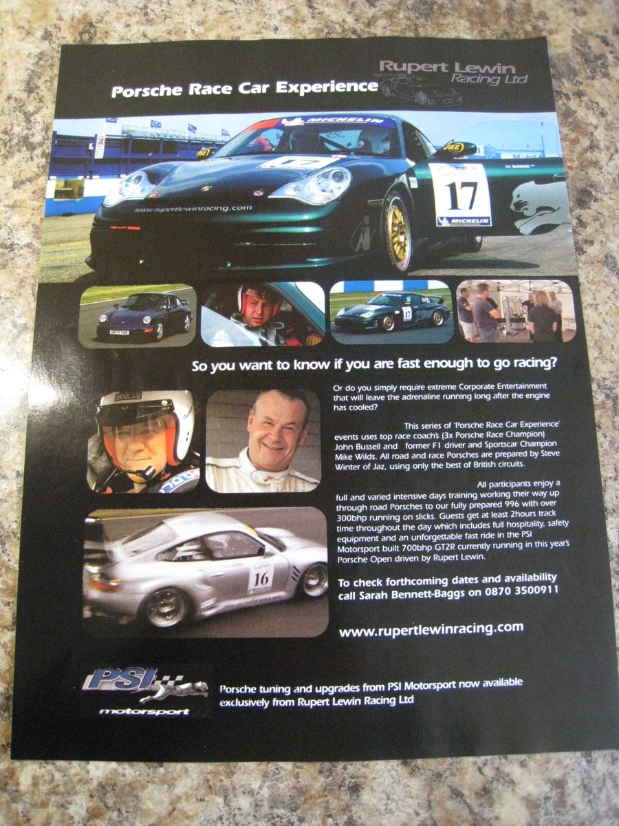 RUPERT LEWIN RACING LTD PORSCHE RACE CAR EXPERIENCE ADVERT A4 SIZE