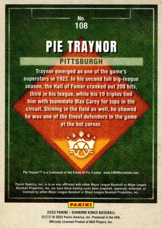 2022 Panini Diamond Kings Red Frame Pie Traynor Pittsburgh Pirates #108 - Image 2 of 2