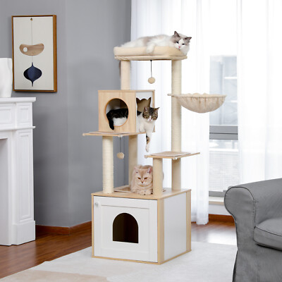 PAWZ Road 56'' Cat Tree Tower Wooden Condo House Cat Litter Box Enclosure Scratch
