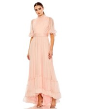 MAC DUGGAL RUFFLED HIGH NECK FLUTTER SLEEVE HIGH LOW HEM GOWN IN BLUSH SIZE 16