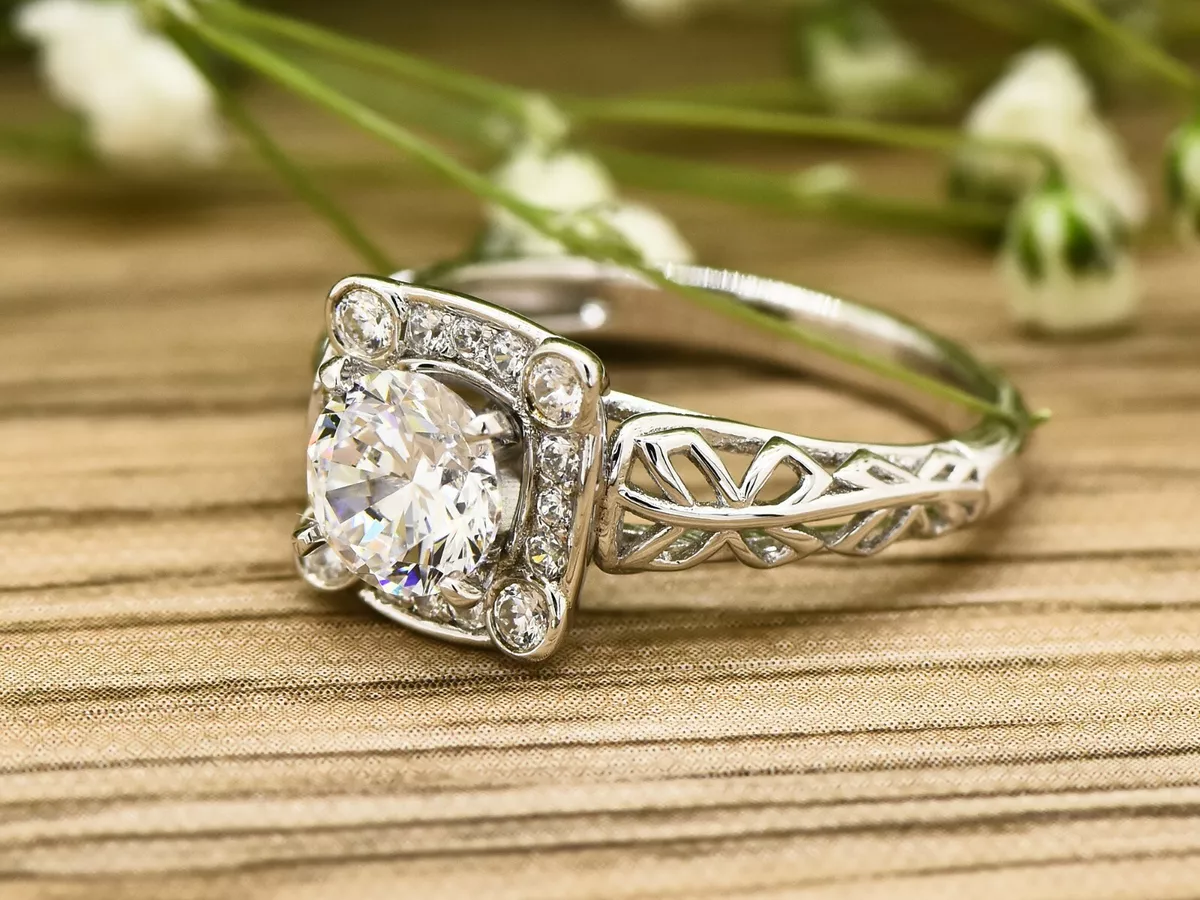 14K White Gold 6mm Moissanite Engagement Ring Halo Ring Filigree