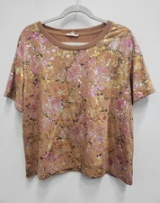 Jane And Delancey Womens T-Shirt Medium Tan Floral Metallic Boxy Short Sleeve