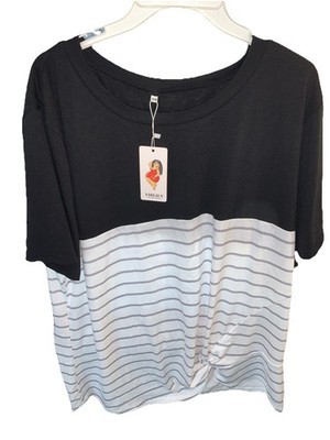 Vislily Plus 20 W Black With Gray And White Striped Women s Top Pullover   NWT