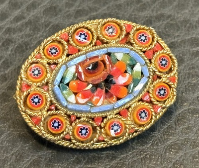 #ad Vtg Italian Italy Oval Floral Micro Mosaic Brooch Pin Vintage Gold Tone Jewelry $20.80