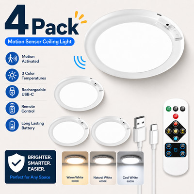 4 Pack Long Battery Motion Sensor Ceiling Light USB-C Rechargeable 3 Color