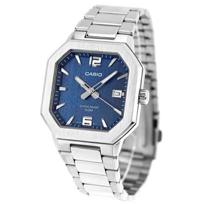Casio Herren Quarzuhr blaues Zifferblatt silbernes Band aus Japan