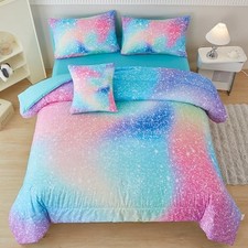 Rainbow Girls Bedding Set, 6 Pieces Glitter Pink Green Queen Blue and Pink