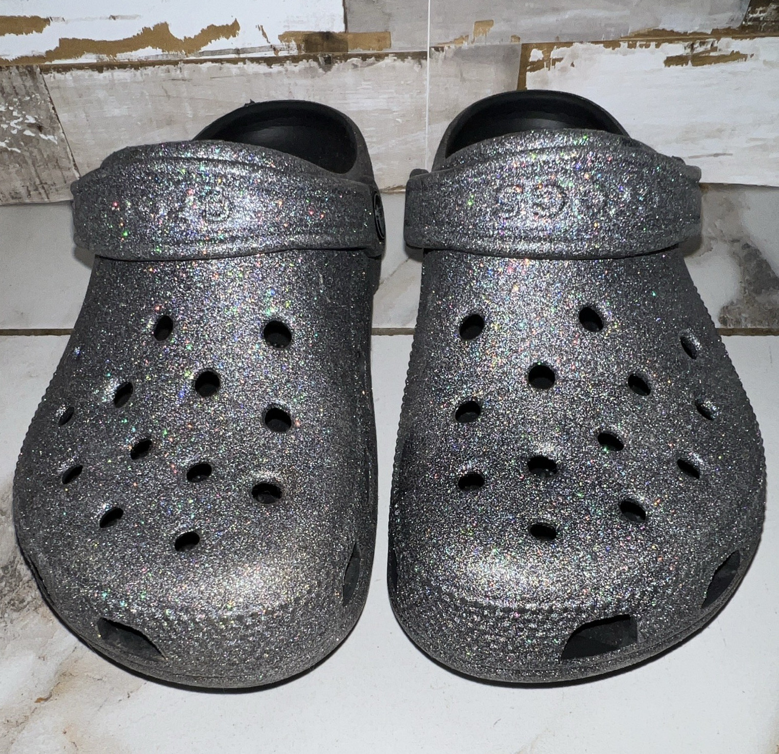 Crocs Women's Glitter Clog Sandals Black Silver Synthetic US Size 6