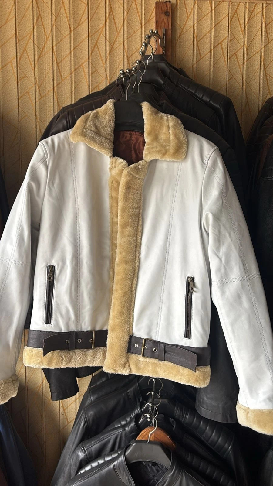 Men’s White Shearling Aviator Jacket – Genuine Leather B3 Bomber Pilot Coat