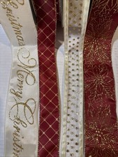 Christmas Wired Ribbon Gold Maroon Poinsettias, Merry Christmas 20 Yards Total