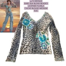 90'S RARE VINTAGE BEADED SILK LEOPARD CACHE BLOUSE MEDIUM EUC.
