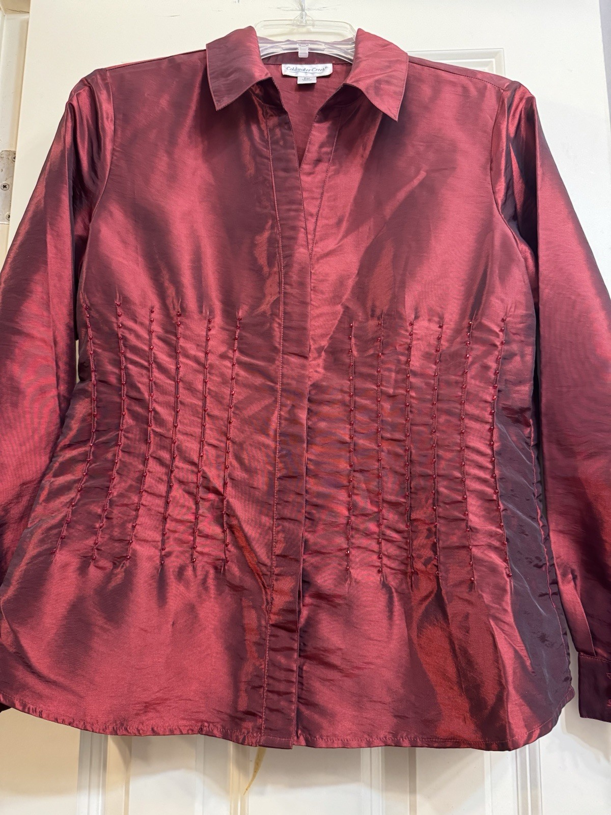 Coldwater Creek PM Maroon Red Satin Hidden-Button Beaded Pleat Top Holiday Party