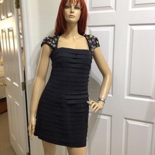 SHERRI HILL  Prom Cap Sleeve Bandage Dress Sz 10 BLACK Y2K  MULTI COLOR Crystals