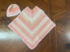 Handmade Homemade Crochet Poncho For Girls Soft Furry Peach Color With Hat