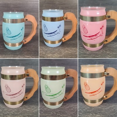 Siesta Ware Tiki Mugs MCM Lot of 6 Colors Frosted Wooden Handle Hawaiian Glasses