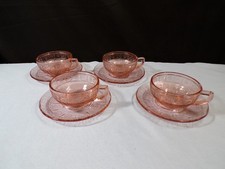 Lot of 4 Jeannette Doric Pansy Pink Depression Glass Childs Cup Saucer Sets