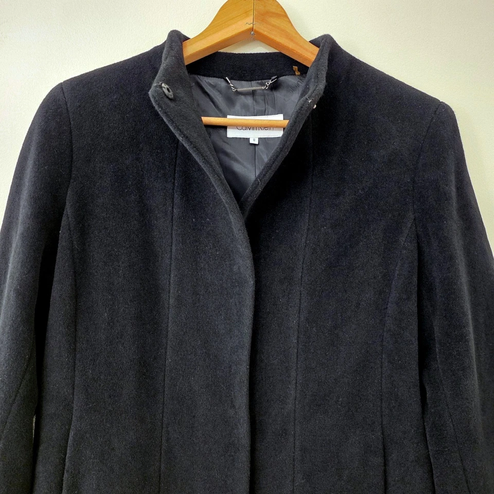 Calvin Klein Angora Wool Coat Sz 8 Black Collarless Minimalist Quiet Luxury - Image 3 of 4