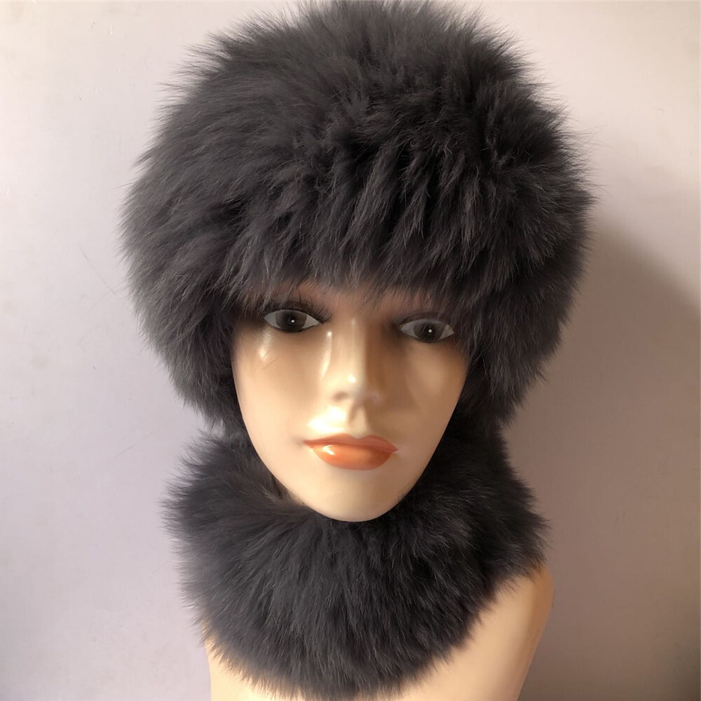 Real Fox Fur Hat Scarf Set Women's Winter Warm Knitted Beanie Cap Collar  Scarves