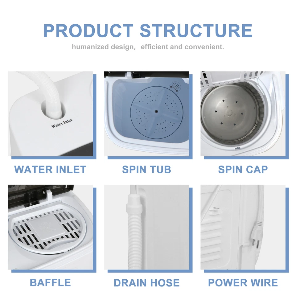 Portable Compact Twin Tub Wash Machine Washing&Spin Cycle 13Lbs Top Load Washer - Image 4 of 4