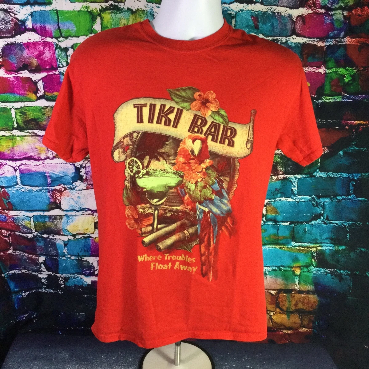 Gildan Tiki Bar Where Troubles Float Away Parrot Graphic Beach T-Shirt Adult M