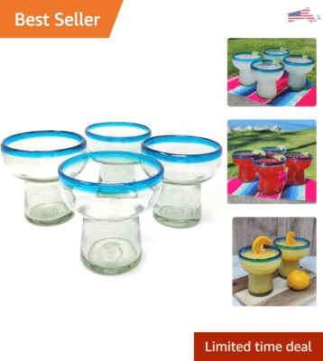 Mexican Hand Blown Glass: Aqua Rim Margarita Glasses - Dishwasher Safe - Style