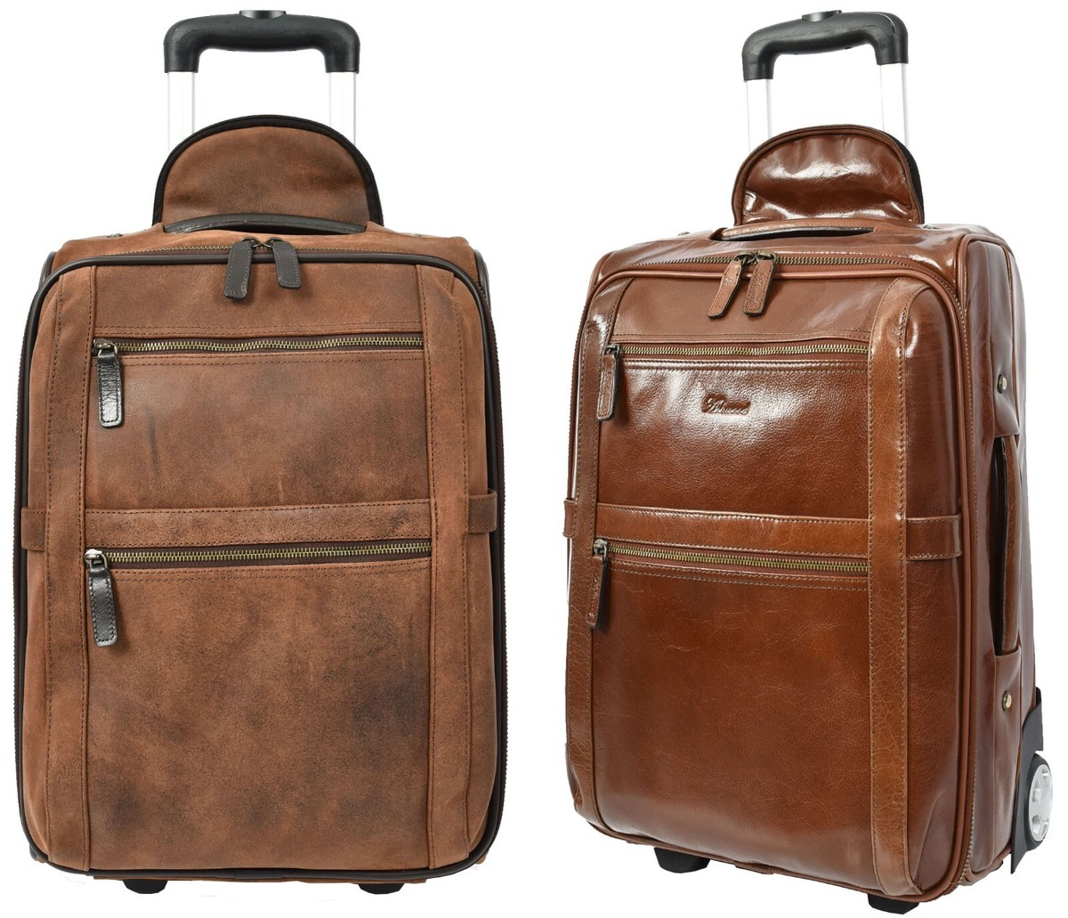 Genuine Leather Suitcase On Wheels Cabin Size Trolley Travel Bags